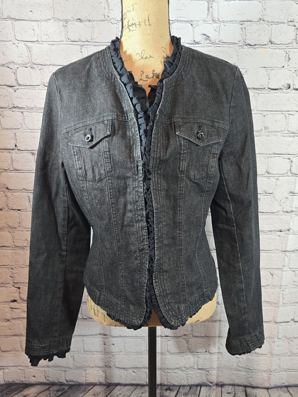 INC International Concepts Black Ruffle-Trim Jean Jacket Size L